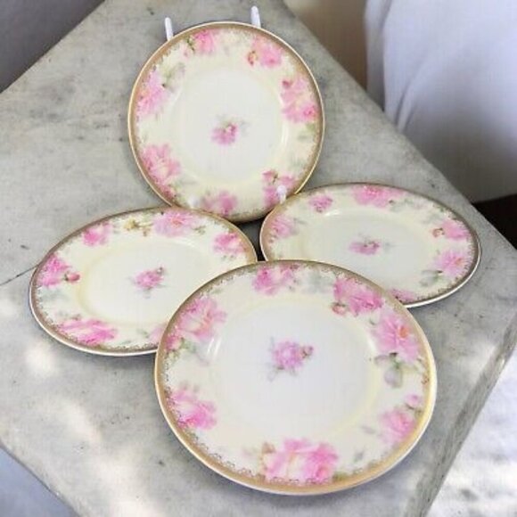 Antique Silesia Porcelain Ceramic Round Dish Plate Hand Painted Floral Gold Set4 - Picture 1 of 16